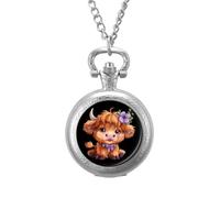 Highland Cow with Purple Flowers Scottish Farm Pocket Watch Vintage Quartz Pocket Watches with Chain for Men Women Silver-Style