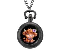 Highland Cow with Purple Flowers Scottish Farm Pocket Watch Vintage Quartz Pocket Watches with Chain for Men Women Black-Style
