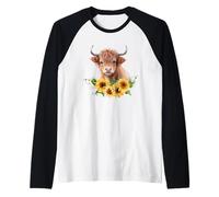 Highland Cow with Sunflowers Farmhouse Cottage Decor Raglan Baseball Tee
