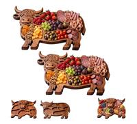 Highland Cow Wooden Charcuterie Board,Farmhouse Style Cow Shaped Serving Tray from Natural Solid Wood,Unique Animal Shaped Appetizer Platter with Compartments for Cheese, Meat, Fruit (2 X A)