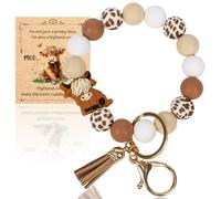 Highland Cow Wristlet Keychain Bracelet - Silicone Highland Cow Beaded Key Ring Bracelet Beaded Bangle Keychain with Leather Tassel House Car Key Ring Holders for Women Girls Christmas Birthday Gift