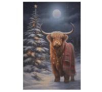 Highland Cow Xmas Wooden Jigsaw Puzzle for Adults 1000 Piece Puzzles for Kids Challenging Game 78×53cm