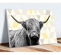 HIGHLAND COW YELLOW GREY GEOMETRIC BACKGROUND CANVAS WALL ART PRINT ART (36in x 24in / 91cm x 60cm)