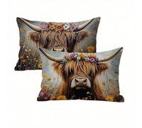 Highland Cows Cushion Covers 50 x 70 Velvet Brown Cushions Waterproof, Soft Comfort Outdoor Garden Cushions, Decorative Throw Pillowcases for Sofa, Bed - Set of 2 Pillow Covers, Ideal Home Decor K2-63
