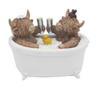 Highland Cows Figurine Relaxing In Bathtub Rustic Decor Cute Ornament Display