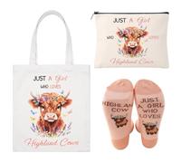 Highland Cows Gifts Set for Women, 3Pcs High-Land Cow Themed Stuff Set | Tote Bag with Inner Pocket, Makeup Bag and Socks, Gift for Cow Lovers, Just a Girl Who Loves Highlands Cows