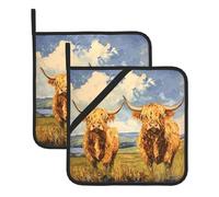 Highland Cows On The Grassland Printing Square Heat-Proof Pot Holders (Set of Two) 8x8 in : Quality Fabrics, Anti-Scalding and Easy to Clean