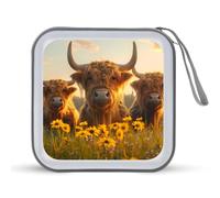 Highland Cows Sunset CD Case 40 Capacity Plastic DVD Storage Box Sleeves Zippered Wallet