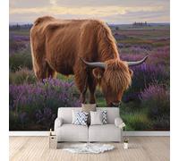 Highland Cows Wallpaper 300x210cm, Lavender Rustic 3D Effect Photo Wallpaper,Mural Panoramic Non-Woven,for Living Room Bedroom Decoration, Easy to Install