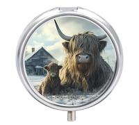 Highland Cows Winter Mini Pill Organizers Cute Round Pills Box Portable 3 Compartment Medicine Case Box for Travel