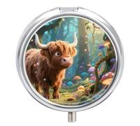 Highland Cute Cow Pill Case with Retro Mirror 3 Compartments Pill Organizer Small Round Metal Pill Organizer for Pills or Fish Oil Vitamins Supplements