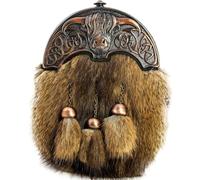 Highland Fur Sporran with Cow Celtic Cantle and Chain, Traditional Scottish Kilt Accessory, Brown