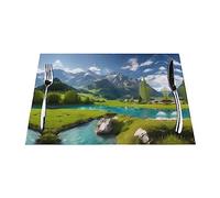 Highland lake scenery Placemat, 30 cm x 45 cm, washable decorative tablecloth, for kitchen, wedding, restaurant and camping.6 PCS