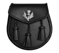 HIGHLAND REDSTONE Scottish Kilt Semi Dress Real leather Sporran, Black Grained, Standard (Chrome Thistle)