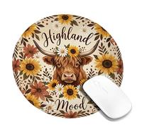 Highland Small Mouse Pad, Rustic Country Cow Sunflower Fall Brown Round Rubber Non Slip Stitched Edge Cloth Mousepad Desk Decor for Office Home Dorm Laptop Round 8x8 Inch
