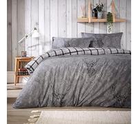 Highland Stag Head Printed Duvet Cover Sets Stag Check Reversible Duvet Cover with Pillow Cases Stag Comforter Cover Bedding Quilt Covers Sets (Stag - Grey, King (230 x 220 cm))