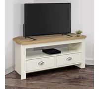 highland wooden corner tv stand with 2 drawers in cream and oak