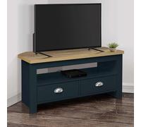 highland wooden corner tv stand with 2 drawers in navy blue and oak
