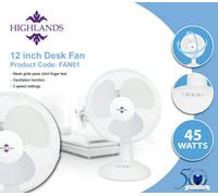 Highlands Desk Fan 3 Speed Silent & Compact Cooling Fan, 12 Inch Oscillating Desk Fan, A Must Have Essential For Summer