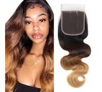 Highlight 4X4 Lace Closure Human Hair Body Wave 1B/4/27 Two Tone Lace Front Brown Mix Blonde 150% Density Pre Plucked Hairline Transparent 4X4 Closure 12 Inch