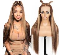 Highlight Honey Blonde Straight Human Hair Wig 13x4 HD Transparent Lace Front Wigs Human Hair,4/27 Ombre 210 Density Real Hair Wigs for Women Pre Plucked Natural Hairline 30 Inch
