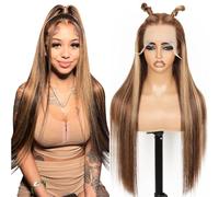 Highlight Honey Blonde Straight Human Hair Wig 13x4 HD Transparent Lace Front Wigs Human Hair,4/27 Ombre 210 Density Real Hair Wigs for Women Pre Plucked Natural Hairline 16Inch with Baby Hair