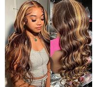 Highlight Lace Front Wig Human Hair Transparent 13x4 Lace Frontal Wigs Body Wave Colored Ombre P4/27 Glueless Wig for Black Women 200% Density Pre Plucked 24 Inch