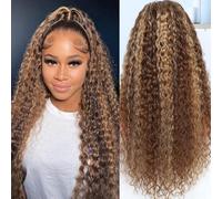 Highlight Ombre 13 x 6 Lace Front Wig Human Hair Deep Wave Honey Blonde Glueless HD Transparent Lace Frontal Wigs for Women 180 Density Human Hair (Highlight Ombre Deep Wave, 32 Inches)