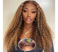 Highlight Ombre 4/27 Human Hair Wigs Glueless Deep Wave Curly Wet and Wavy Pre Cut 5x5 HD Lace Closure Wig for Black Women (Highlight Ombre 4/27, 28