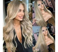 Highlight Ombre Ash Blonde Lace Front Wig Human Hair for White Women 13 x 4 Invisible Lace Frontal Wig Pre Plucked Natural Hairline Full 180% Density Real Human Hair Glueless Wigs with Brown Roots