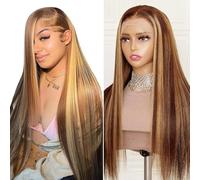 Highlight Ombre Lace Front Wig Human Hair 26 Inch 180% Density 13 x 4 Full Frontal HD Transparent Lace Pre Plucked Straight Lace Front Wig Human Hair Brown Coloured Honey Blonde Lace Front Wig Human