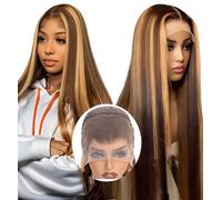 Highlight Ombre Lace Front Wig Human Hair 26 Inch 180% Density 13 x 4 Full Frontal HD Transparent Lace Pre Plucked Straight Lace Front Wig Human Hair Brown Coloured Honey Blonde Lace Front Wig Human
