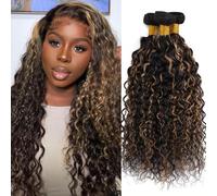 Highlight Ombre Water Wave 3 Bundles Real Hair Honey Brown Balayage Virgin Real Hair Bundle Double Weft Water Curly Wave Bundles for Black Women Wet and Wavy 3 Bundles (1b/27.20 22 24 inches)