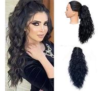 Highlight Ponytail Extension Claw Long Multi Layered Hair Fluffy Thick Wavy Curly Jaw Clip in Fake Pony Tails Fake Hair Soft Natural Looking Synthetic Hairpiece for Women (Natural Black)