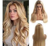 Highlight Wigs Human Hair Blonde Lace Front Ombre Medium Brown with Golden Blonde Real Human Hair Glueless 180% Density 13x4 Straight Lace Frontal No Synthetic No Shedding Triple Lifespan 20 Inch