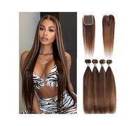Highlighted Straight Hair Bundles with 4x4 Lace Closure Pre-Plucked P4/27 Color Peruvian Human Hair Bundles Remy Hair Extentions(26 28 30 32 with 20)