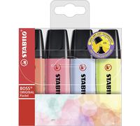 STABILO BOSS ORIGINAL Pastel - Highlighter - Pack of 4 - Mellow Coral Red, Cherry Blossom Pink, Cloudy Blue, Dash of Lime
