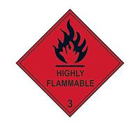 Highly Flammable Class 3 Warning Labels - Roll of 250 - Self Adhesive Vinyl - 100mm x 100mm - Hazard Safety Stickers for Liquids, Drums, Storage & Transport