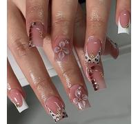 Highly Gloss Shining Presses on False Nails with Leopards Print and 3D Flower French Nudes Long Sparkles for Social French Nudes Presses on Nails