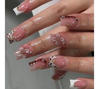 Highly Gloss Shining Presses on False Nails with Leopards Print and 3D Flower French Nudes Pink Long Sparkles for Social Comfortable Fake Nail