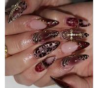 Highly Gloss Shining Presses on False Nails with Leopards Print and Crosses French Nudes Long Sparkles for Social Leopards Print Presses on Nails