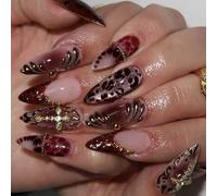 Highly Gloss Shining Presses on False Nails with Leopards Print and Crosses French Nudes Long Sparkles for Social Crosses Fake Nails