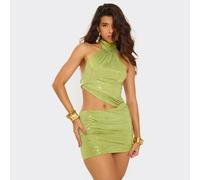 Hight Neck Cut Out Detail Bodycon Mini Dress In Green Metallic, Women's Size UK 10