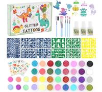 Highttoy Dinosaur Glow in The Dark Temporary Glitter Tattoo Kit for Kids | 32 Colors Glitter, 6 Light Up Powder, 164 Stencils, 5 Brushes, 4 Tattoo Stickers, 3 Glues, Birthday Party Favors for Kids
