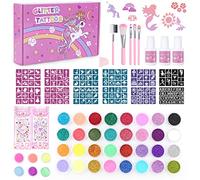 Highttoy Glitter Tattoos for Kids, Unicorn Temporary Glitter Tattoo Kit, 32 Color Glitters, 6 Light Up Powder, 150 Stencils, 5 Brushes, 3 Glue, 2 Rhinestone Stickers, 1 Sponge, Birthday Party Favors