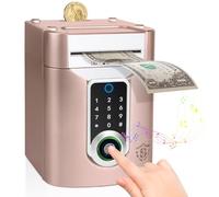 Highttoy Piggy Bank for Kids, Electronic Password Money Box with Touchscreen & Fingerprint, ATM Money Safe for Kids, Toys Gifts for 3-12 Year Old Boys Girls, Rose Gold