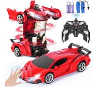 Highttoy Remote Control Robot Car with Hand Gesture Sensing, Lights & Music, 360° Rotation 2.4GHz 1:18 Transforming RC Car Robot Toys for 3 4 5 6 7 8 Year Old Boys Girls Gifts, Red