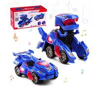 Highttoy Transforming Dinosaur Toys Age 3+ for Boys -7,Automatic Transforming Dinosaur Car with Flashing Lights and Music Electric Transformable Dino Toy Gifts for Kids Blue