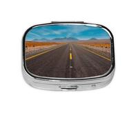 Highway Road in The Desert Landscape Print Pill Box 2 Compartment Medicine Pill Case,Portable for Pocket Or Purse Pill Box Decorative Metal Medicine Organizer