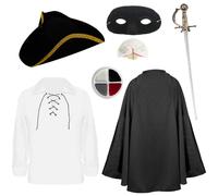 Highway Rodent Costume -Shirt, Gold Trim Tricorn Hat, Cape, Nose, Mask, Sword & Face Paint I Love Fancy Dress White Small